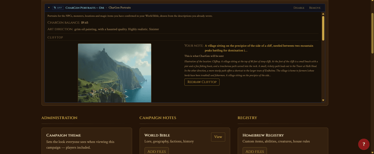 The CharGen Portraits app inside a campaign, showing a painted illustration of the village of Clifftop generated from the DM's world notes.