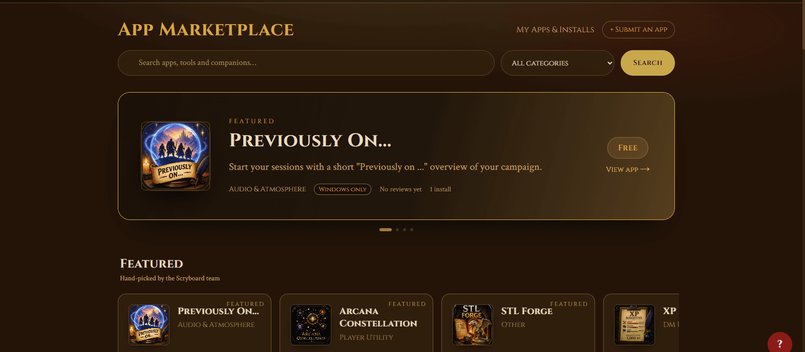 The Scryboard App Marketplace, with featured apps Previously On, Arcana Constellation, STL Forge and XP Suggester.